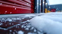 Macro winter scene with fresh snow on ground level perspective, red building wall and falling snowflakes creating atmospheric seasonal backdrop.