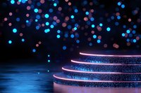 Glowing neon pink and blue circular platform with illuminated edges against dark background with defocused bokeh lights creating magical atmosphere.