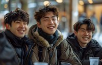 Three young Asian male friends sharing genuine laughter while enjoying coffee outdoors, wearing winter coats and scarves, perfect for lifestyle, friendship and authentic social content.