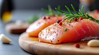 Fresh raw salmon fillets seasoned with pink peppercorns, rosemary sprigs and garlic on wooden cutting board, macro food photography with soft focus.