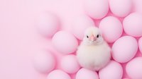 Adorable white baby chick surrounded by soft pink Easter eggs creating sweet holiday composition on pink background. Perfect for spring seasonal designs.