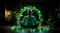 Young Asian woman in lotus position meditating at night surrounded by glowing green fairy lights forming circular halo, creating peaceful zen atmosphere.