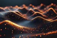 Abstract digital wave pattern with glowing orange particles and dots forming dynamic flowing lines against dark background, modern technology concept.