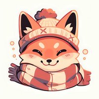 Cute smiling fox wearing winter knit hat and striped scarf in kawaii anime style, orange and cream color palette on light background, cartoon character design.