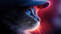 Cool cat wearing baseball cap with glowing blue eyes and neon lighting effects on dark background for modern digital art and gaming designs.