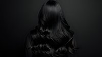Young woman with long wavy dark hair viewed from behind against black background for beauty salon advertising and hair care product marketing campaigns.