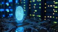 Digital fingerprint hologram on circuit board with glowing bokeh lights representing cybersecurity, biometric authentication and data protection technology.