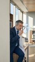 Middle-aged Caucasian businessman in navy suit examining documents with magnifying glass in modern office environment for professional analysis.