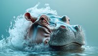 Close up view of hippopotamus head emerging from water with splashing droplets against turquoise background, showing detailed skin texture and expressive eyes.