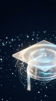 Futuristic graduation cap with glowing digital circuits and holographic elements on dark background with bokeh lights for education technology concepts.
