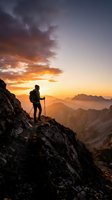 Hiker with trekking poles standing on rocky mountain peak at golden sunset, overlooking vast alpine valley landscape below with dramatic sky.