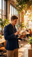 Young man with dark hair and light skin tone, wearing navy blazer and beige pants, reading tablet in bright modern office with plants and natural sunlight for business and technology concepts.