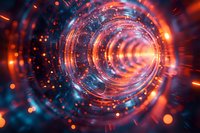 Abstract digital tunnel with glowing orange and blue light particles creating futuristic vortex effect for technology backgrounds.