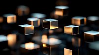 Glowing white cubes floating in dark space with warm light emanating from within, creating mysterious depth and geometric patterns against black background.