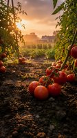 Fresh ripe tomatoes growing on vines in organic vegetable garden during golden hour sunset with warm lighting and rural farm landscape background.