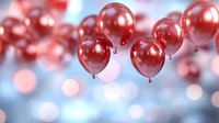 Shiny metallic red balloons floating against soft blurred bokeh background in cool blue tones, creating festive party atmosphere for celebration designs.