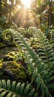 Fern fronds with morning dew in tropical forest, sunlight filtering through canopy, lush green vegetation and moss-covered rocks, nature and botanical background.