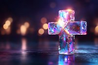 Glowing cross made of ice cubes with colorful neon lights inside, bokeh background. Spiritual and modern religious concept for church media and faith designs.