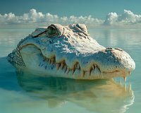 Large crocodile head emerging from calm turquoise water with reflection, dramatic close-up view showing detailed scales and piercing green eye against cloudy sky background.