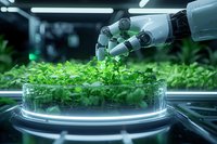 Robotic arm performing precise watering in modern hydroponic laboratory with microgreens growing in petri dish under controlled environment lighting system.