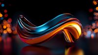 Abstract curved metallic shape in vibrant blue and orange colors floating against dark background with blurred bokeh lights creating modern artistic composition.