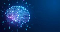 Digital brain with circuit board patterns and glowing connections on blue background representing artificial intelligence and machine learning technology.