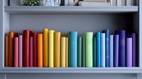 Colorful books arranged in rainbow spectrum order on gray bookshelf, creating visual gradient from red through orange, yellow, green, blue to purple. Modern minimalist library decor.