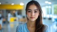 Young Asian woman with natural makeup and long dark hair wearing light blue top smiles confidently in modern office setting with soft bokeh background.