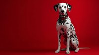 Dalmatian dog sitting on red background studio portrait with copy space for pet care advertising and veterinary services.