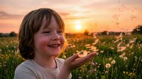 Young child with dark hair and fair complexion blowing dandelion seeds in golden sunset meadow field with flying birds and warm sky light.