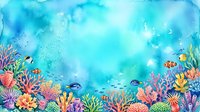 Watercolor underwater coral reef scene with tropical fish and marine life in vibrant blues and corals, aquatic ecosystem artwork for educational materials.