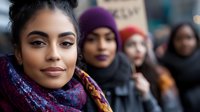 Young Latin woman with curly hair wearing colorful scarf smiling at camera, with diverse group of female friends in winter clothing standing in background.