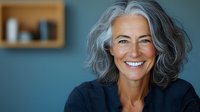 Confident mature woman with natural gray wavy hair and genuine smile wearing black sweater against blue wall, representing authentic aging and wellness lifestyle.