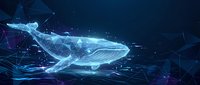 Digital whale swimming through futuristic network of glowing blue connections and data streams in cyber ocean environment for technology concepts.