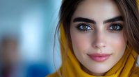 Young woman with bright blue eyes and natural makeup wearing yellow hijab headscarf against blurred background, looking at camera with gentle smile.