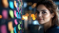 Young Caucasian woman with gentle smile looking at colorful sticky notes on glass wall, bokeh lights in background, business planning concept in modern office space.
