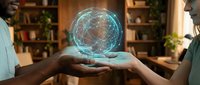 Two diverse professionals holding glowing digital globe with network connections in modern office library setting for global business collaboration.