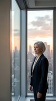 Mature woman in black blazer gazing at sunset cityscape from high-rise office window. Corporate professional contemplating urban skyline at golden hour.