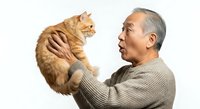Senior Asian man holding fluffy ginger cat, showing affection and companionship. Suitable for pet care, veterinary services, animal adoption, senior lifestyle, and wellness content.