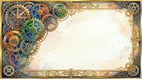 Steampunk gears and cogs frame ornate border with vintage gold filigree design, mechanical clockwork elements in copper and brass tones, ideal for backgrounds.