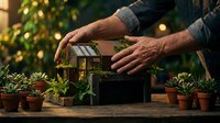 Senior man's hands carefully tending to small potted plants in wooden greenhouse with warm lighting creating cozy indoor gardening atmosphere.