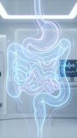Holographic digestive system anatomy display in modern medical facility showing stomach and intestines for healthcare education and gastroenterology research.