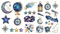 Celestial night sky isolated ornaments and charms with moons, stars, planets, globes, compasses, telescopes and lanterns in gold and blue tones for jewelry design, crafts and decorative projects.