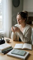 Woman of mixed ethnicity in her thirties enjoying warm beverage while reading at wooden desk with books and teapot by window with natural light for lifestyle and wellness content.