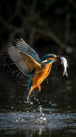 Kingfisher bird catching fish emerging from water with spread wings and water droplets in natural habitat for wildlife photography and nature content.