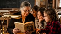 Mature female teacher with glasses reading aloud from book to group of engaged elementary school children in classroom setting with chalkboard and lamp, promoting literacy and education.