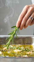Person's hand holding fresh rosemary sprig over simmering oil in pan, steam rising. Cooking ingredient preparation for culinary use, seasoning food with herbs.
