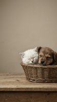 Adorable kitten and puppy sleeping together in wicker basket on wooden table against neutral beige background for pet care and friendship concepts.