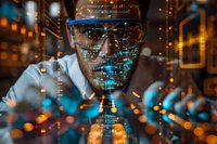 Asian male scientist wearing protective goggles with digital technology overlay, surrounded by glowing data streams and bokeh lights in futuristic laboratory setting.