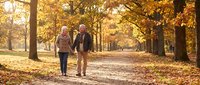 Senior couple walking together through autumn park with golden foliage, enjoying romantic stroll on tree-lined path covered with fallen leaves during sunset.